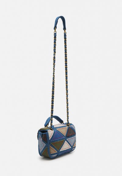 Fabric crossbody bag with a geometric triangle pattern in blue, cream, and green. Features a gold-tone chain strap and blue fabric handle.