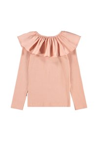 Långärmad topp i mjuk rosa tyg med en bred, plisserad volangkrage och en enkel baksida utan dekorationer.
