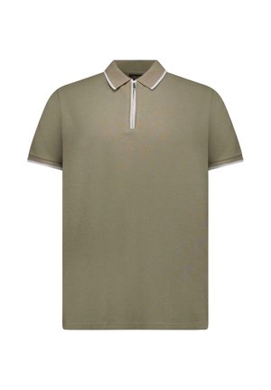 Khaki polo met korte mouwen, ritssluiting bij de hals, gestructureerde stof en contrasterende bies rondom de kraag en mouwen.