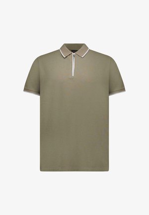 Khaki polo met korte mouwen, ritssluiting bij de hals, gestructureerde stof en contrasterende bies rondom de kraag en mouwen.