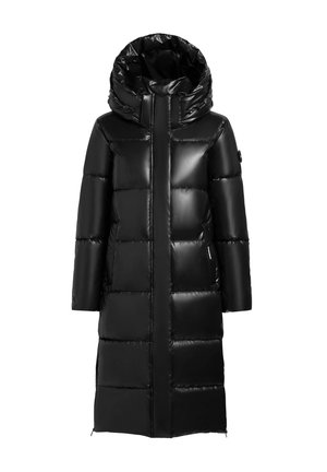 Zwarte pufferjas met een lange, rechte snit, voorzien van een hoge kraag, geborduurde panelen en twee zijzakken. Glanzende, soepele textuur.