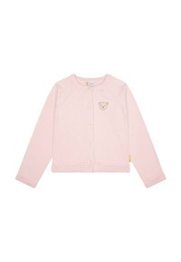 Cardigan rosa lavorato a maglia con maniche lunghe, scollo rotondo, chiusura con bottoni e ricamo di un viso d'orso sul lato sinistro. Texture morbida.