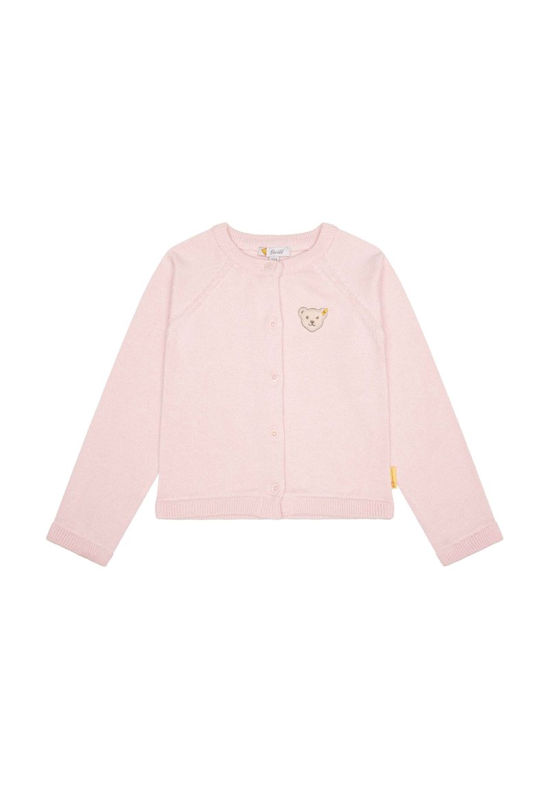Cardigan rosa lavorato a maglia con maniche lunghe, scollo rotondo, chiusura con bottoni e ricamo di un viso d'orso sul lato sinistro. Texture morbida.