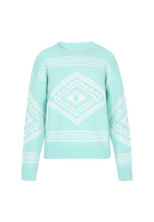 Minta zelena pletena majica s belimi geometrijskimi vzorci, okroglo izrezano, z rebrastimi manšetami in robom, nekoliko skrajšanega dizajna.