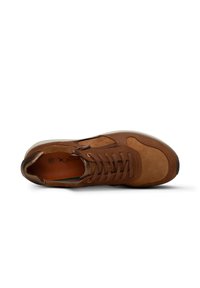 Brown suede and leather sneaker with laces and side zipper, size 38, shown from top view on white background.