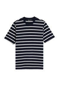 Mørkeblå og hvidt stribet bomulds t-shirt med rund hals og korte ærmer. Har jævnt fordelte vandrette striber.
