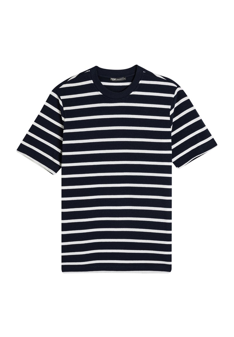 Mørkeblå og hvidt stribet bomulds t-shirt med rund hals og korte ærmer. Har jævnt fordelte vandrette striber.