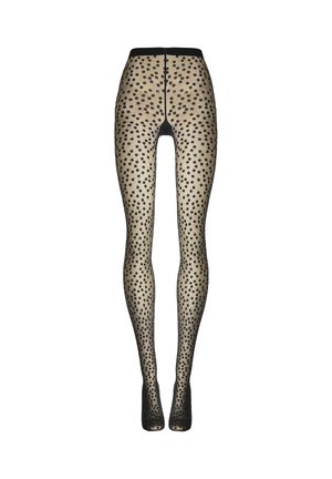Collant con motivo a pois neri su sfondo nude, caratterizzati da una fascia in vita nera solida e da una punta aperta.