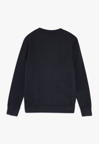 Mörk marinblå sweatshirt, rundad hals, långa ärmar, ribbad mudd och nederkant, tillverkad av mjukt tyg, slät textur, minimalistisk design, utan grafik.