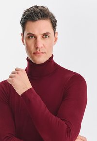 Bordowy sweter z golfem o dopasowanym kroju, z prążkowanym dekoltem, gładką teksturą i długimi rękawami, noszony przez mężczyznę z krótkimi włosami.