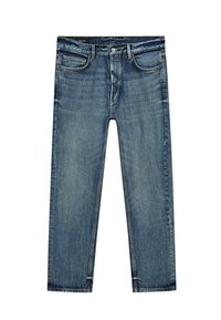Jeans in denim blu con taglio dritto, dotati di cinque tasche, chiusura con bottone e cerniera, e leggero sbiadimento su tutto il tessuto.