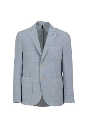 Blazer de lino azul claro con solapas con muesca, dos bolsillos frontales y cierre de dos botones. Presenta detalles de costura sutiles y un ajuste slim.
