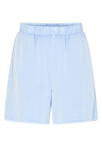 Shorts tissés bleu clair avec une taille élastique, coupe décontractée et jambe droite. Texture lisse sans motifs ni accents visibles.