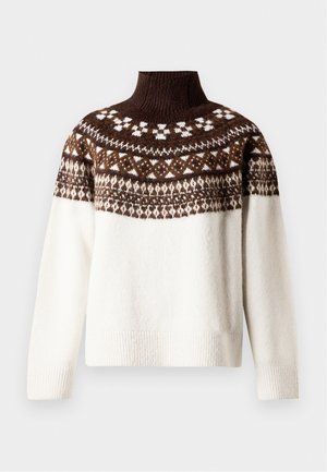Suéter de gola alta e grosso em creme, com um corpo texturizado e um padrão geométrico castanho ao longo do peito e do decote. Punhos e barra canelados.