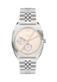 Silberner Edelstahl-Uhr mit strukturiertem Lünette, hellrosa Zifferblatt, zwei Hilfszifferblätter und einem Metallarmband. Markierungen in Roségold.