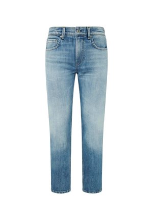 Lysblå denimjeans med en almindelig pasform, der har fem lommer, en knaplukning og subtil falmning nær kanten og lårene.