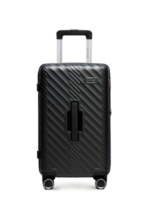 Zwarte hard-shell koffer met diagonale ribbels, telescopisch handvat, vier zwenkwielen en een centraal verzonken handgreep, merknaam Wittchen.