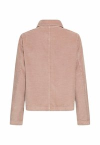 Różowa kurtka z sztruksu z długimi rękawami, z kołnierzykiem i teksturowanym prążkowanym wzorem. Czysty design tyłu z minimalnymi detalami.