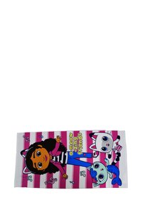 Asciugamano da spiaggia colorato con una ragazza dei cartoni animati e animali, con righe rosa e bianche, e il testo "amici a-meow-zing". Materiale morbido.