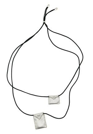 Two silver mesh pouches on adjustable black cords, one small envelope-shaped and one larger rectangular, against a white background.