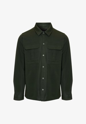 Chemise-veste à manches longues vert foncé avec boutons sur le devant et deux poches poitrine à rabat.