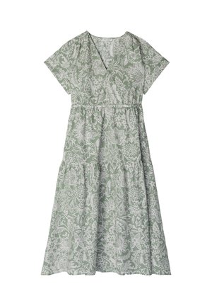 Πράσινο μεσοφόρι φόρεμα με κοντά μανίκια και λευκό λουλουδάτο σχέδιο, με V-λαιμόκοψη και ρελιασμένη λεπτομέρεια στη μέση.