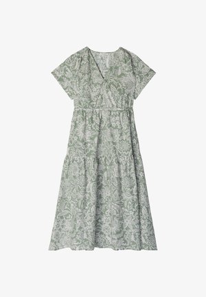 Πράσινο μεσοφόρι φόρεμα με κοντά μανίκια και λευκό λουλουδάτο σχέδιο, με V-λαιμόκοψη και ρελιασμένη λεπτομέρεια στη μέση.