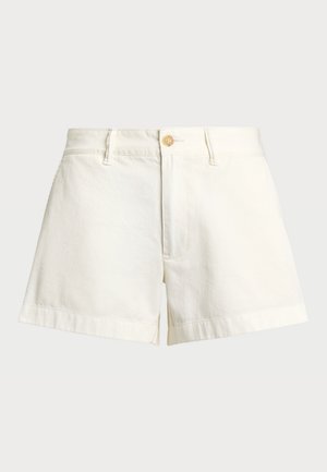 White cotton shorts with a straight cut, featuring a button closure, side pockets, and a cuffed hem for a clean finish.