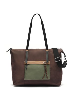 Brown tote bag with long black handles, front green and tan zip pocket, and detachable black shoulder strap with silver buckle.