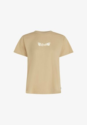 Beež puuvillane T-särk lühikeste varrukatega, ümar kaelusega ja valge lillemustriga "O'Neill" logo rinnal. Sile tekstuur, vaba lõige.