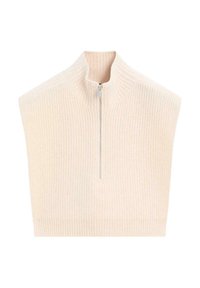 Ribbed, light beige knit cropped sweater with a high collar and a silver zip closure at the front. No sleeves, textured fabric.