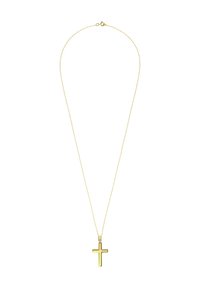 Gouden ketting met een kruis van toon met een dunne ketting en sluiting. Het kruis heeft een slank, gepolijst ontwerp en hangt aan een delicate schakelketing.