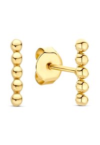 Boucles d'oreilles clous en ton or présentant un agencement vertical de billes sphériques avec une finition brillante et un système de fixation sécurisé.