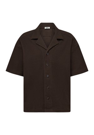Dunkelbraunes Kurzarmhemd zum Knöpfen mit Camp-Kragen und strukturiertem Stoff, durchgehende Knopfleiste mit fünf Knöpfen, gerader Saum.