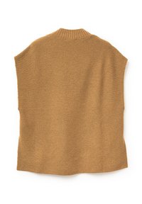 Pletený bezrukávový pulovr v teplé hnědé barvě, se žebrovaným límcem a bočními panely s hladkou texturou a volným střihem.