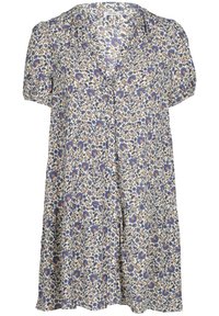 Lyhyt kukkamekko, jossa on violetteja ja ruskeita kukkia valkoisella taustalla, lyhyet puffihihat ja kaulus.