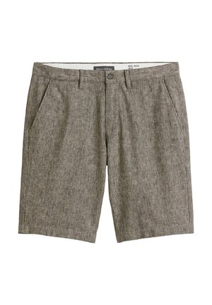 Gray striped shorts made of a textured fabric, featuring two front pockets and a button closure. Adjustable waistband with belt loops.