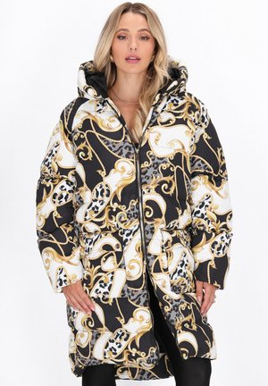 Wattierte Daunenjacke mit einem schwarzen, weißen und goldenen, aufwendigen Muster und Leopardenakzenten, mit Reißverschluss und einer großen Kapuze.