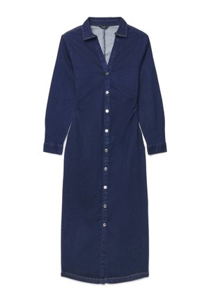 Longue robe en denim bleu marine avec manches longues, col, fermeture boutonnée devant et légère cintrure à la taille, présentée à plat sur fond blanc.