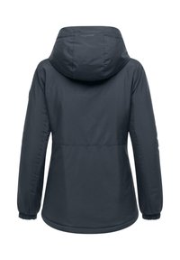 Mörkgrå vattentät jacka med huva, med elastiska ärmslut, en insydd midja och minimal märkning på baksidan. Slät yta.