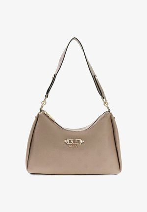 Bolso Guess de cuero topo con emblema del logo en dorado, cierre de cremallera y correa ajustable para el hombro.