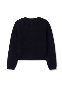 Maglione blu navy lavorato a maglia con un design a coste testurizzato, collo tondo e maniche lunghe. Lunghezza cropped senza chiusure visibili.
