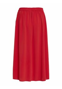 Jupe rouge, longueur genou, fabriquée en tissu léger avec une taille élastique froncée. Texture lisse et design simple et fluide.