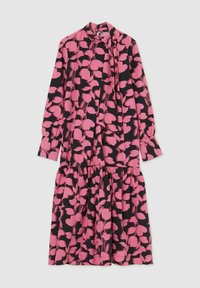 Abito floreale con maniche lunghe, base nera e motivo a fiori rosa. Presenta un colletto alto e gonna arricciata per un fit comodo.