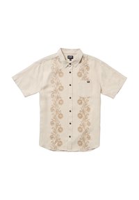 Camisa de manga corta color beige claro con bordados florales en marrón. Cuenta con un collar, cierre de botones y un bolsillo en el pecho. Tejido texturizado.