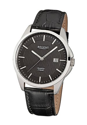 Men’s Regent wristwatch with black textured dial, silver markers, date display at 3 o’clock, silver case, and black leather strap.