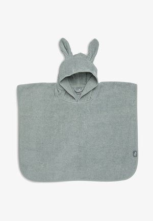 Hooded poncho handdoek in zachte grijze badstof, met konijnenoren, rechthoekige vorm en een klein merklabel aan de zijkant.