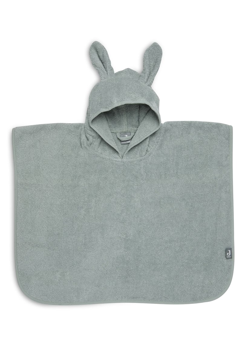 Hooded poncho handdoek in zachte grijze badstof, met konijnenoren, rechthoekige vorm en een klein merklabel aan de zijkant.