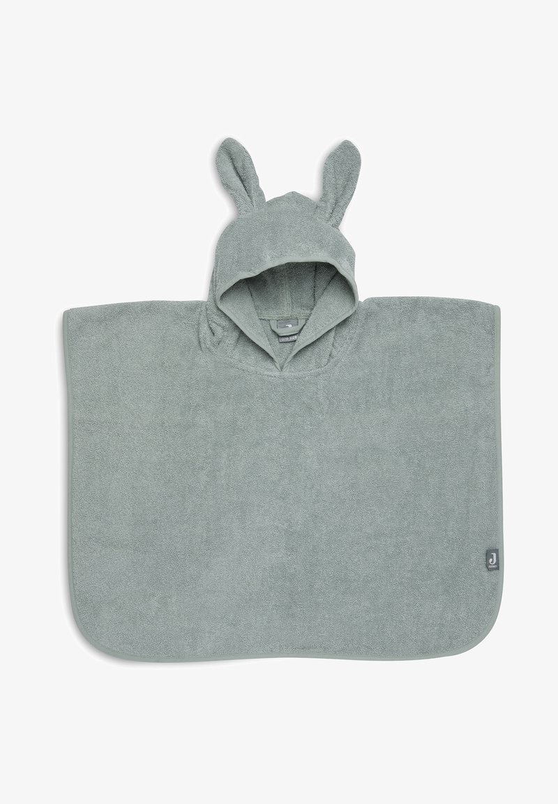 Poncho serviette à capuche en tissu éponge gris doux, avec des oreilles de lapin, de forme rectangulaire et une petite étiquette de marque sur un côté.