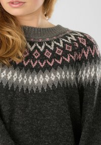 Dark gray wool sweater featuring a distinctive patterned yoke with pink, white, and light gray geometric designs. Textured knit finish.